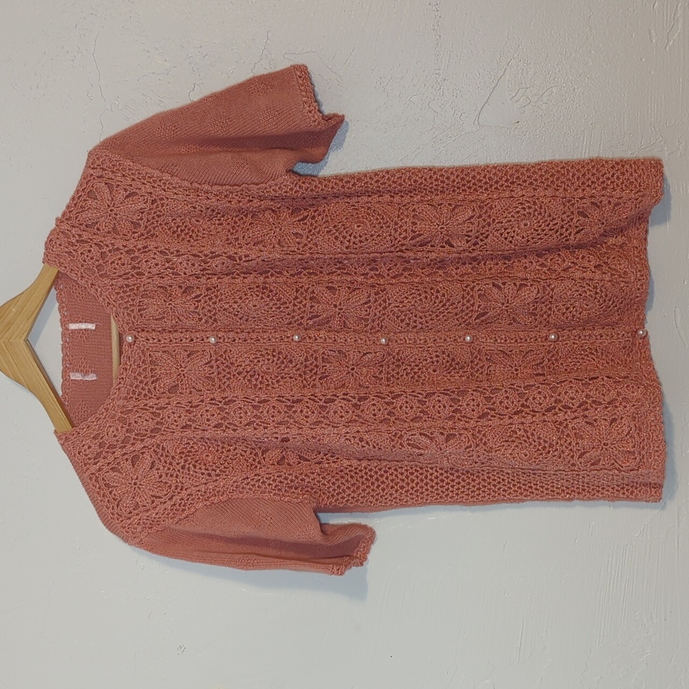 Pink Crochet Grannysquare Lace Shortsleeve Sweater Cardigan Coquette Soft Girl